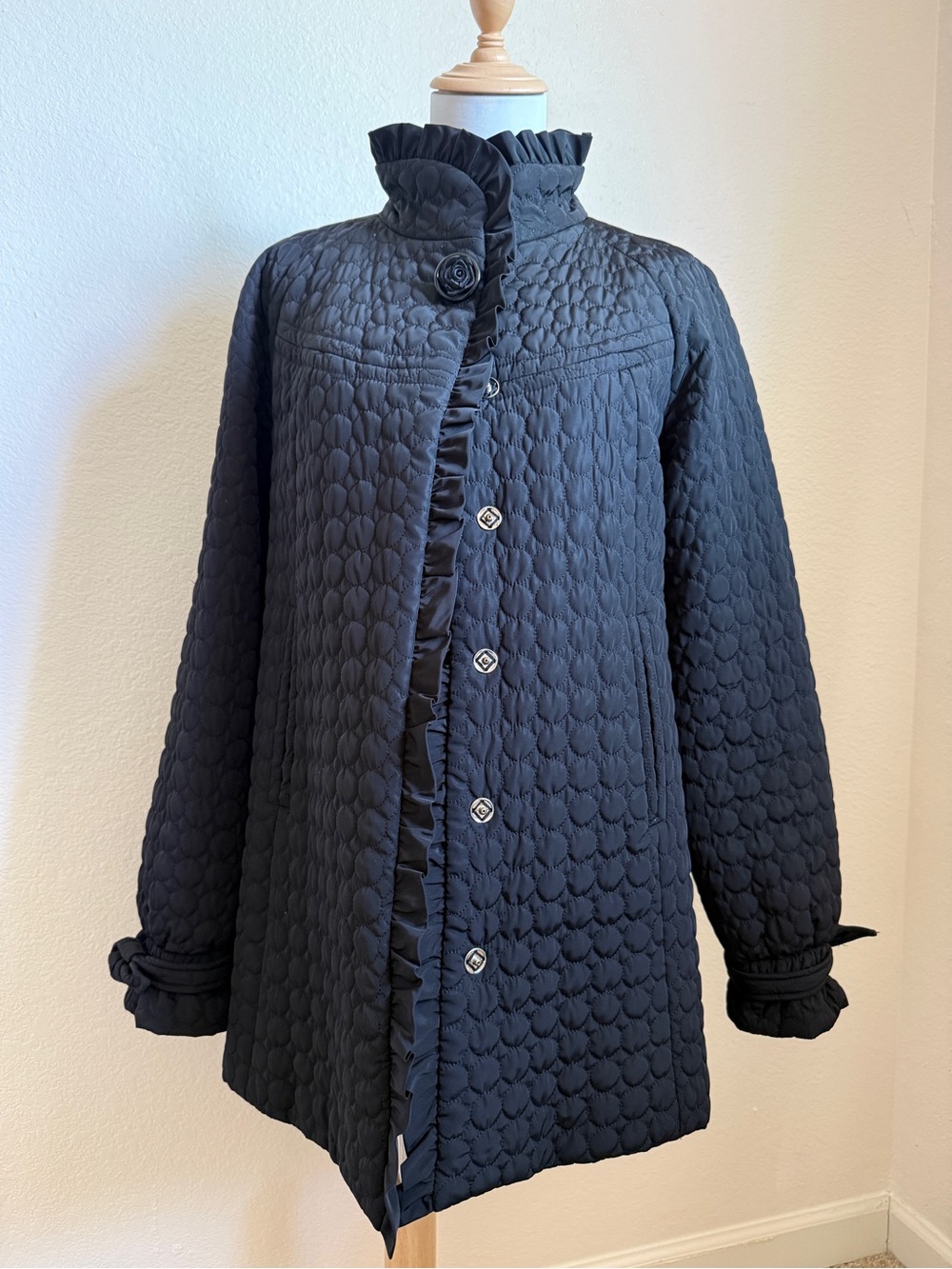 Vintage Betsy Johnson Black Quilted Ruffle-Trim Stand Up Collar Coat